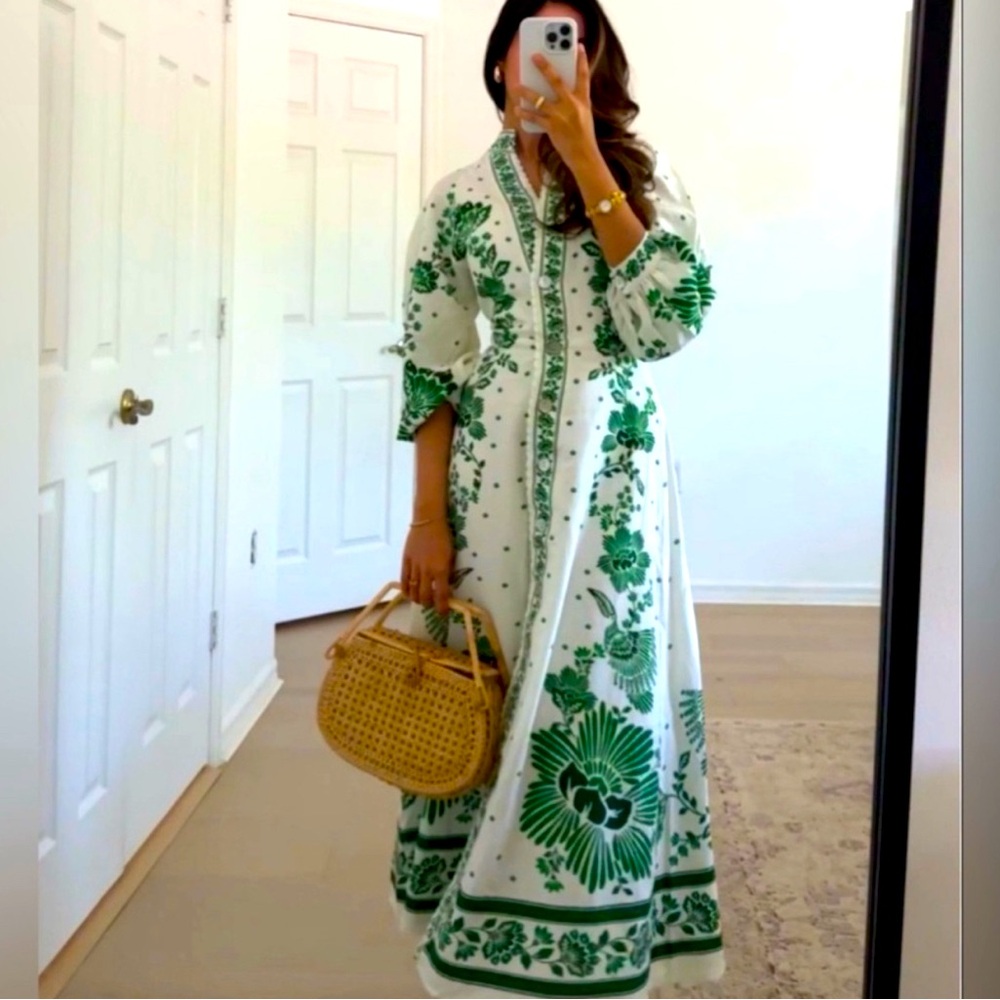 Magaschoni Green Floral Long Dress similar to Farm Rio Forest Soul